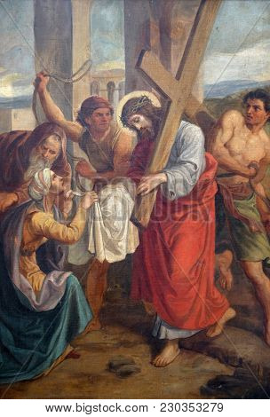 SISAK, CROATIA - DECEMBER 07: 6th Stations of the Cross, Veronica wipes the face of Jesus, Church of Visitation of the Virgin Mary in Sisak, Croatia, on December 07, 2017.