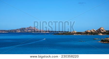 a panoramic view of La Maddalena, Santo Stefano and Caprera islands, in the Strait of Bonifacio, from Palau, in Sardinia, Italy