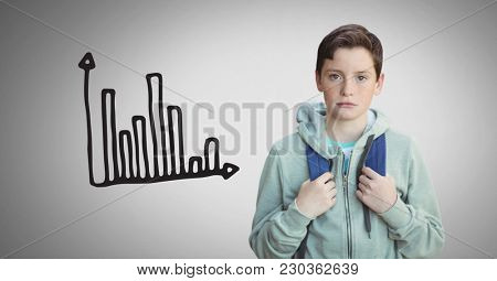 Digital composite of of against grey background with bag and bar chart scale