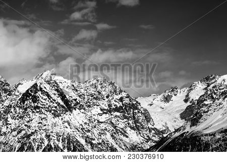 Snowy Rocks At Sunny Day. View From Chair Lift On Hatsvali, Svaneti Region Of Georgia. Caucasus Moun