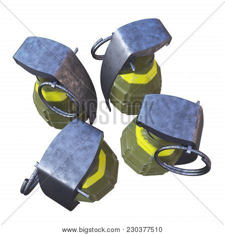 Hand Bombs Frag Grenade Green Metal With Scratches And Round Pin Over. 3d Render Isolated On White.