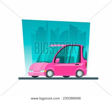 Image In A Flat Style With A Mini Car On A Background Of Skyscrapers