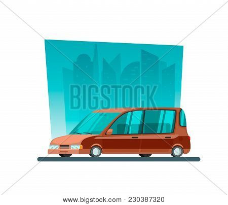 Image In A Flat Style With A City Car On A Background Of Skyscrapers