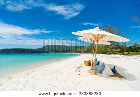 Landscape photo of beautiful white sand exotic beach on Koh Rong island in Cambodia