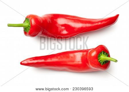 Red Peppers Isolated On White Background. Ramiro Pepper. Top View