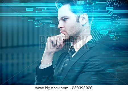 Side Portrait Of Handsome Thinking European Businessman On Blurry Background With Circuit Board. Har
