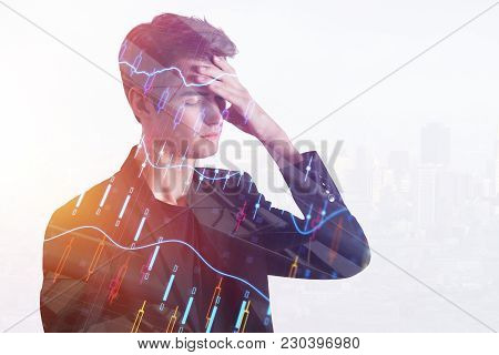 Finance And Broker Concept. Businessman On Abstract Forex City Background. Double Exposure
