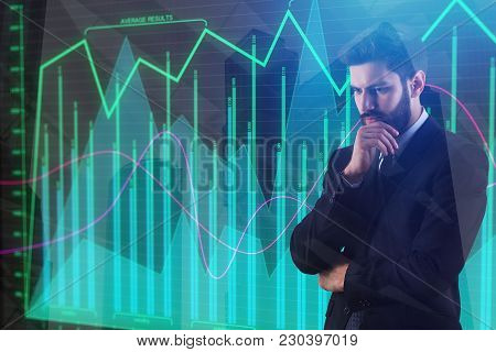Finance And Research Concept. Businessman On Abstract Forex City Background. Double Exposure