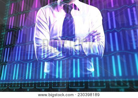 Finance And Marketing Concept. Businessman On Abstract Forex City Background. Double Exposure