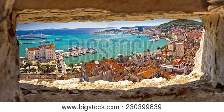 Split Waterfront Aerial Panoramic View Through Stone Window, Dalmatia Region Of Croatia