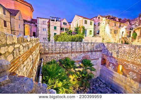 Colorful Old Stone Street Of Split Historic City Center Dusk View, Dalmatia Region Of Croatia