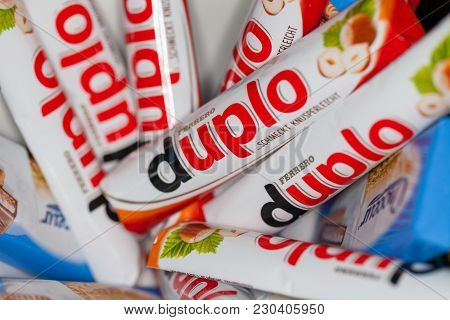 Fuerth / Germany - March 3, 2018: Duplo Bars Lies In A Bowl. Duplo Produced By Ferrero Which Was Fou