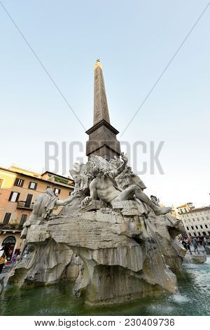 Piazza Navona, Rome, Italy, Europe. Rome ancient stadium. Navona Square, fountain of the four rivers, detail. 18 of July 2017.