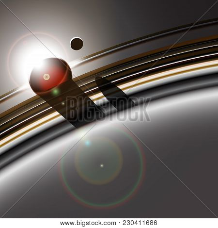 Gas Giant's Ring System And It's Moon Interacting. Star Or Sun Eclipse. Deep Space Abstract Backgrou
