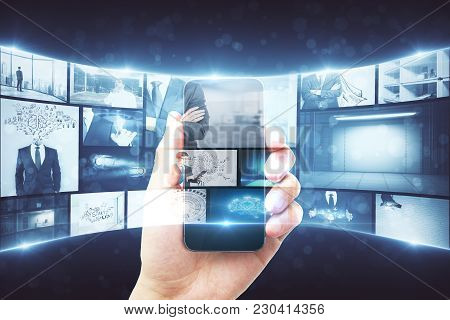 Abstract Digital Photo Gallery Background. Businessman Hand Holding Smartphone With Creative Hologra