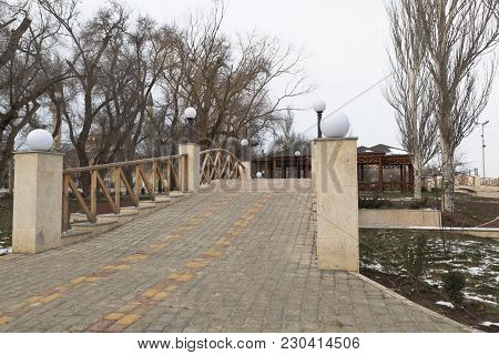 Footbridge In The Garden Named After Karayev In Winter In The Resort Town Of Evpatoria, Crimea, Russ