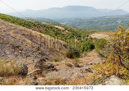 Panorama View From Famous Ghost Valley With Strangly Shaped Rocks. Demerdji Mountains. Crimea, Russi