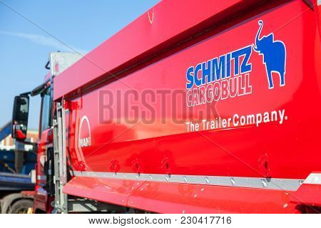 Nuernberg / Germany - March 4, 2018: Man Tgs 35.460 8x8 Dumper Stands On A Platform Near The Man Fac