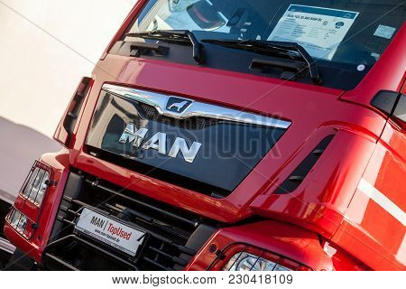 Nuernberg / Germany - March 4, 2018: Man Tgs 35.460 8x8 Dumper Stands On A Platform Near The Man Fac