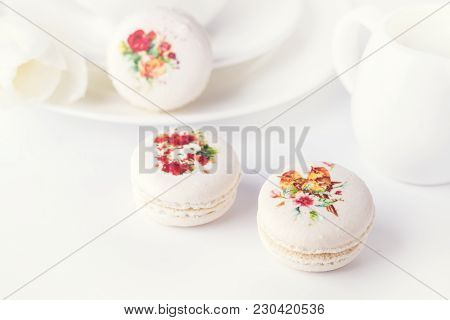 Vanilla French Beautiful White Macarons On White Background Cup Of Coffee Beautiful Dessert Modern D