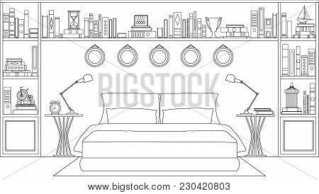 Linear Bedroom. Vector Illustration. Sketch Of A Bedroom With Furniture Racks And Books.
