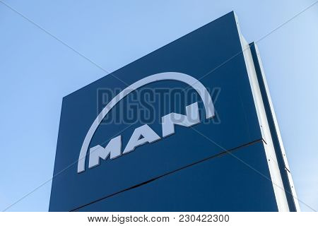 Nuernberg / Germany - March 4, 2018: Man Logo On A Board Near Factory In Nuernberg.