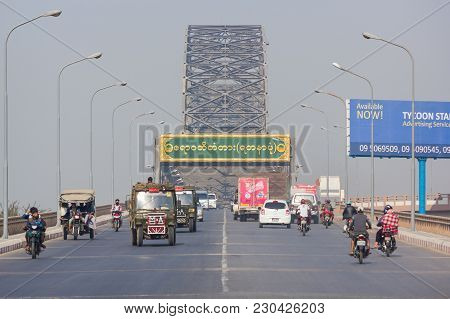 Mandalay, Myanmar - Feb 18,2018 : Irrawaddy Bridge (yadanabon Or Ayeyarwady Bridge) With Vehicle Tra