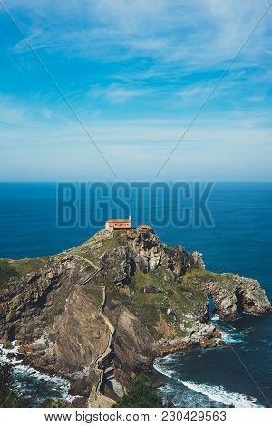 Sea Scape On Background Gaztelugatxe Steps Sun Huan, Hipster Girl Looking On Nature Horizon Ocean, R