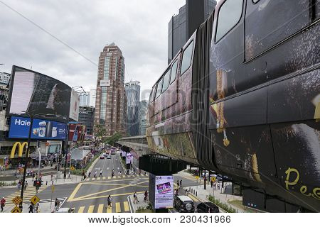 Kuala Lumpur, Malaysia - December 31,2017 : Kl Monorail Train Passing Through At Bukit Bintang Area,