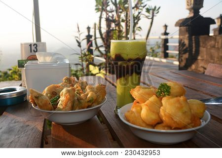 Delicious Indonesian Food. Tape Goreng And Tempe Mendoan Which Sale At The Manglungresto Pathuk Gunu