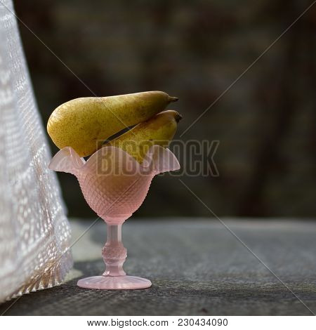 Morning In The Garden. Two Ripe Yellow Pears In A Pink Bowl And White Tulle On The Dark Background O