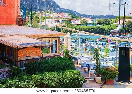 Porto Cervo, Italy - September 11, 2017: Street Cafe At Marina In Porto Cervo Resort, Costa Smeralda