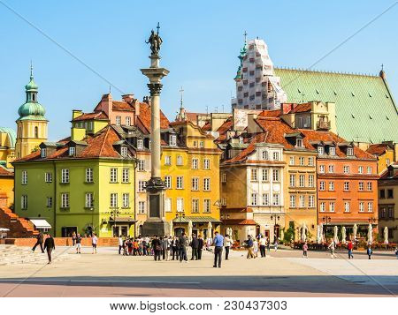 Warsaw, Poland - June 29, 2013: Old Town Of Warsaw, Poland. Warsaw Postcard. Old Colorful Buildings 