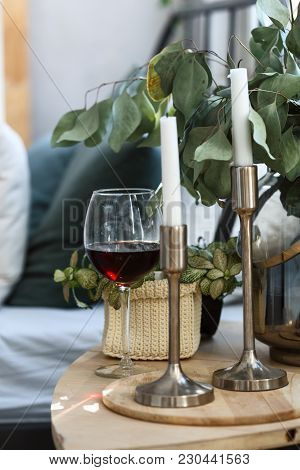 Morning. Bedside Table. Home Decor. Wine Glass Clock Closeup