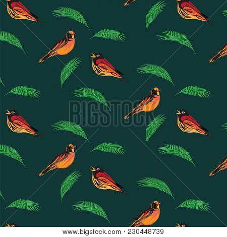 Pattern Of Birds Branch Of Palm Trees Background Of Dark Green Art Abstract Modern Creative Vector