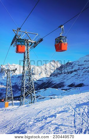 Cable Car Cabins At Winter Sport Resort In Swiss Alps In Mannlichen, Switzerland
