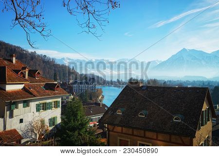 Panorama At The City Of Thun With Thunersee And The Alps. Thun Is A City In The Canton Of Bern In Sw