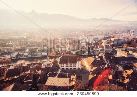 Embankment And Mountains In Old Town Of Thun. Thun Is A City In Swiss Canton Of Bern, Switzerland. I