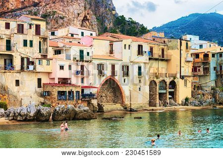 Cefalu, Italy - September 26, 2017: Seaside In Cefalu Old Town, Palermo Region, Sicily Island, In It