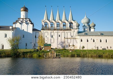 Belfry Of The Tikhvin Assumption Monastery On A Quiet October Evening. Tikhvin, Russia