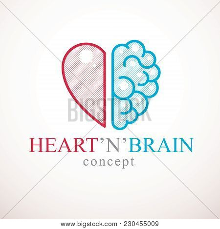 Heart And Brain Concept, Conflict Between Emotions And Rational Thinking, Teamwork And Balance Betwe