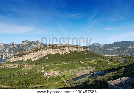 Aerial View Of The Sarca Valley (valle Del Sarca) With The River And The Garda Lake Near Torbole, Tr