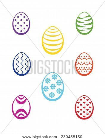 Set Of Multicolored Easter Eggs On White Bacground