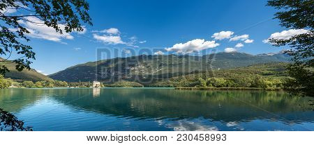 Lake Toblino (lago Di Toblino) With A Medieval Castle, Small Alpine Lake In Trentino Alto Adige, Ita