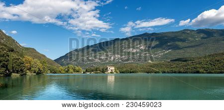 Lake Toblino (lago Di Toblino) With A Medieval Castle, Small Alpine Lake In Trentino Alto Adige, Ita