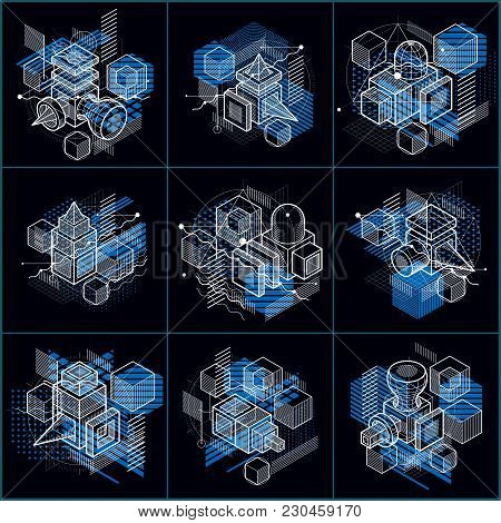 Isometric Abstractions With Lines And Different Elements, Vector Abstract Backgrounds. Compositions 