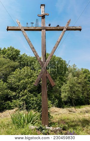 Old Wooden Cross With The Symbols Of The Passion Of Christ, Pincer, Ladder, Hammer, Chalice, Dice, N
