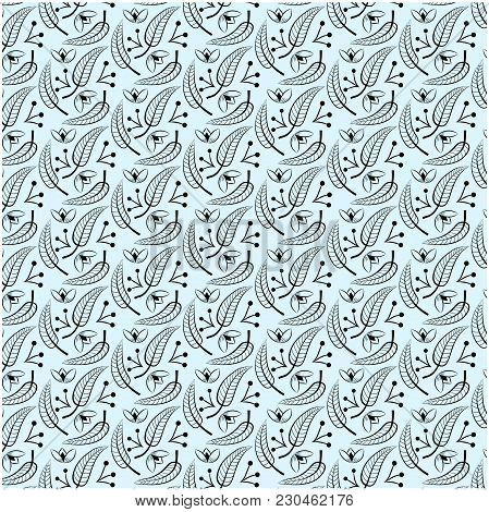 Floral Pattern With Black Flowers And Leaves On Blue Background