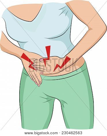 Image Of A Woman With Stomach Pain On White Background