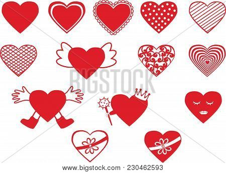 Set Of Red Hearts With Different Design Elements